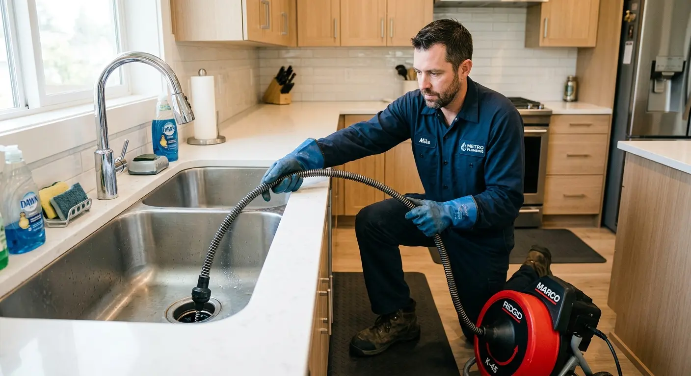 Drain cleaning technician using a motorized snake on a kitchen sink in Hampton