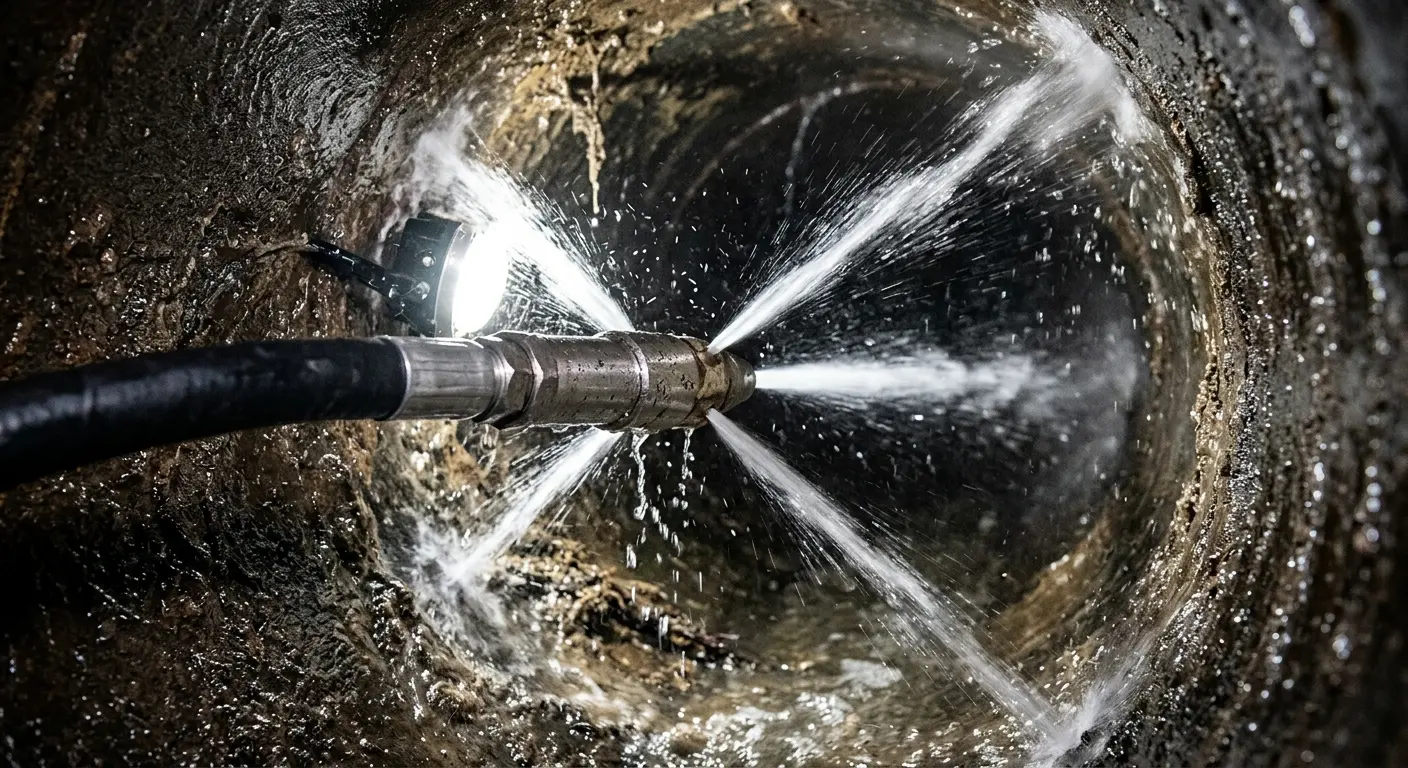 High-pressure hydro jetting nozzle cleaning sewer pipe for Trenchless Sewer Repair in Hampton