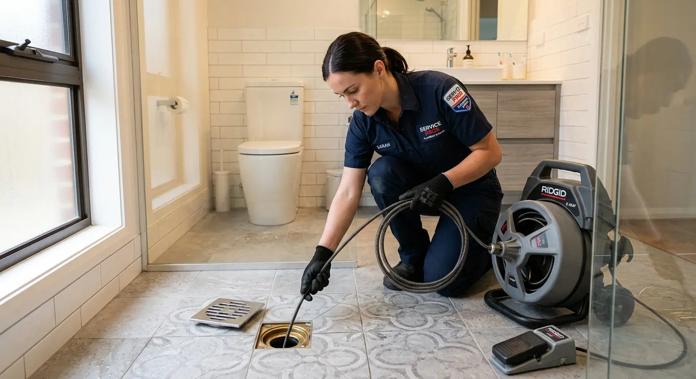 Technician clearing a bathroom floor drain for Hydro Jetting in Hampton